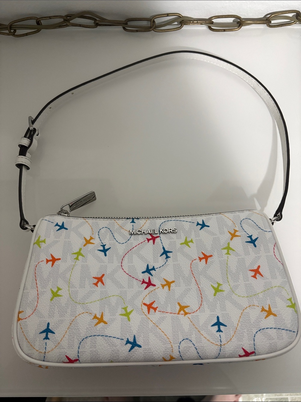 Michael Kors White Shoulder Bag with Multicolor Airplane Motif